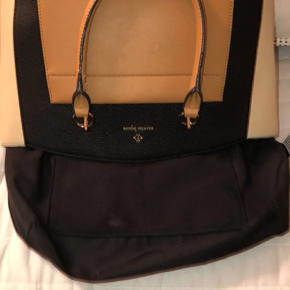 nanette lepore Darryl Color Block Black Camel Ivory Faux Leather Satchel